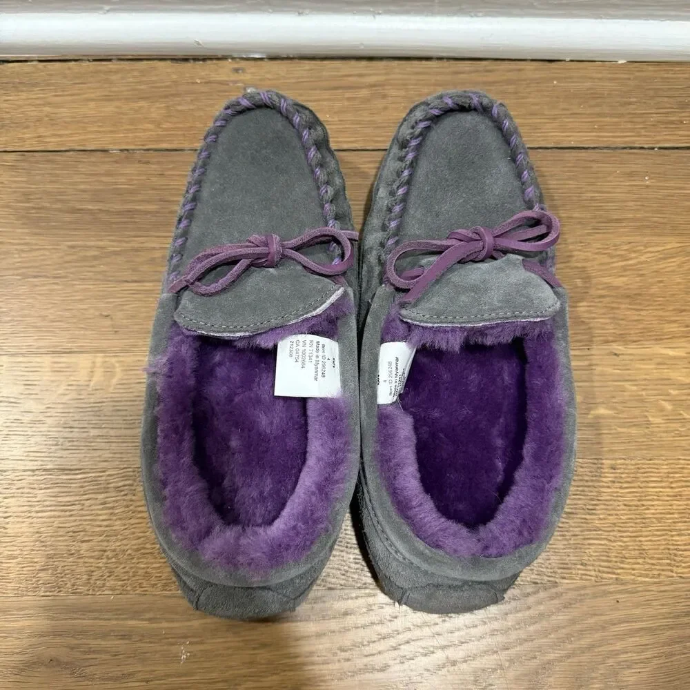 L.L. BEAN WINTER SUEDE SHEEPSKIN GRAY/PURPLE COZY MOCCASINS GIRLS SIZE 4